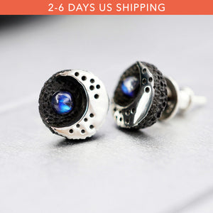 Crescent Black Moon Stud Earrings, crafted with utmost precision from sterling silver and adorned with natural rainbow moonstone by moonique