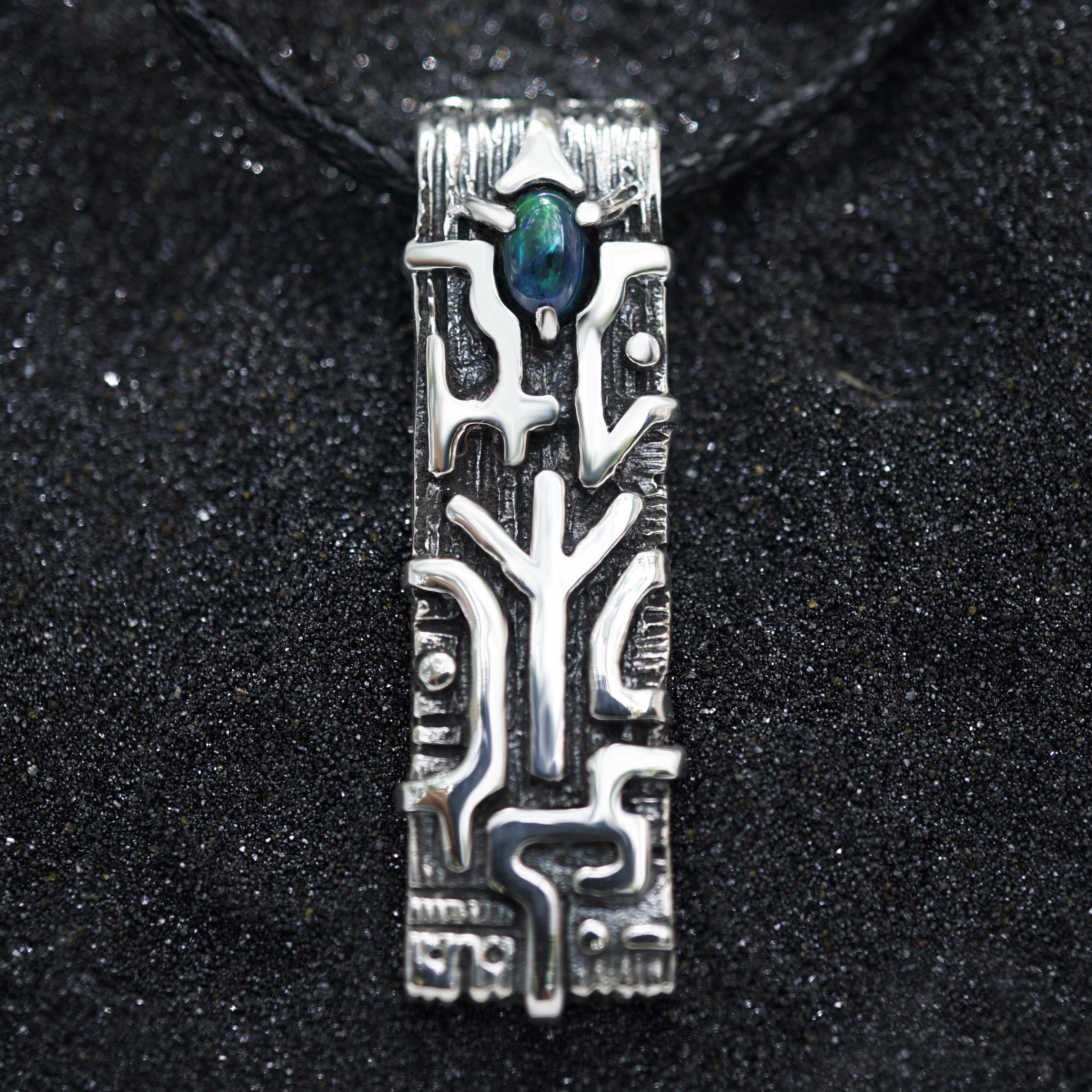 sterling Silver Rune Black Opal pendant ALGIZ