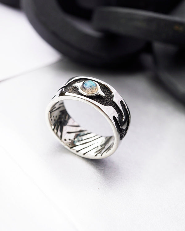 Mens silver band ring with Labradorite, Antique mens ring, Wedding Band ARCTUR
