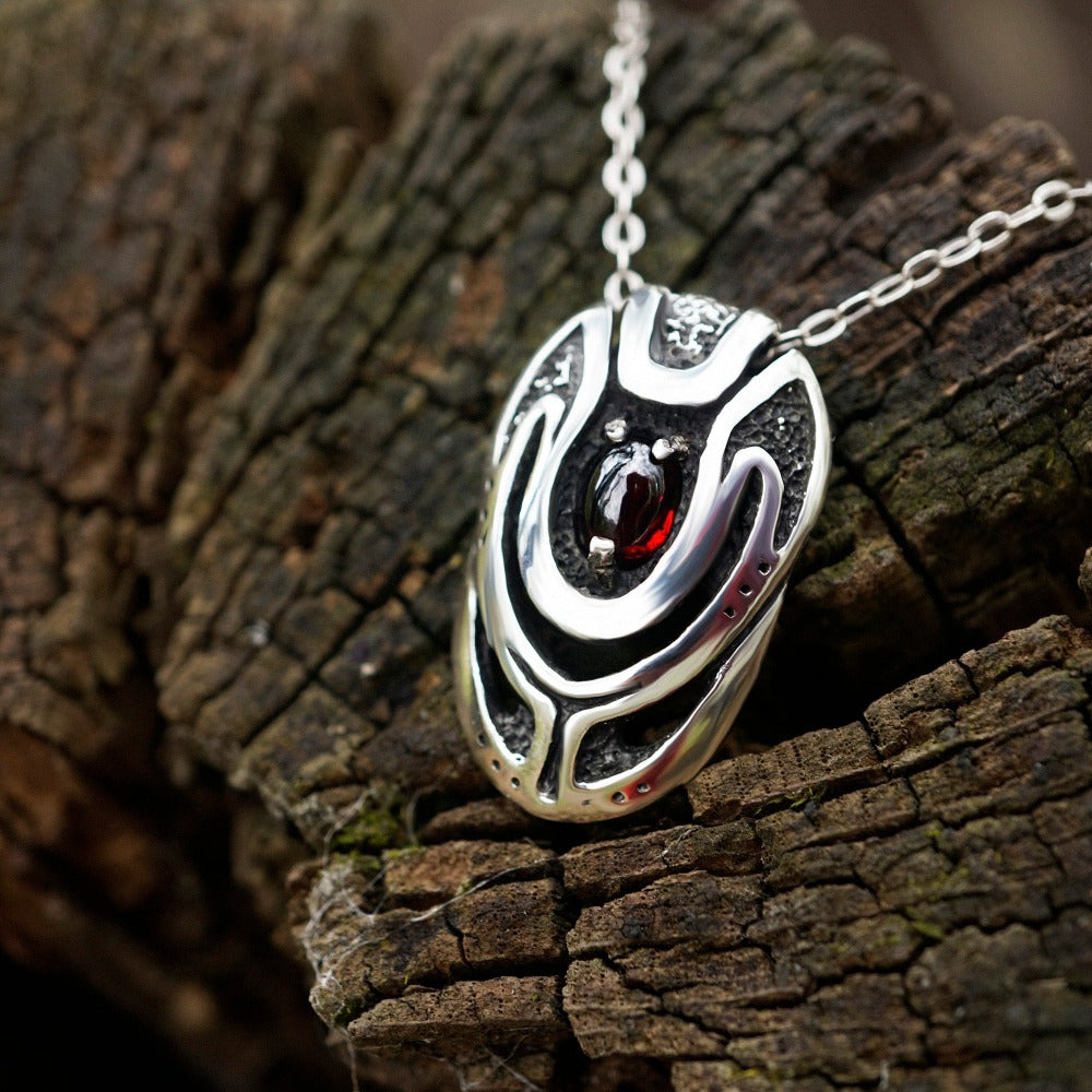Garnet sterling silver pendant, birthstone jewelry Unique necklace, beetle pendant, cyberpunk pendant, futuristic pendant handmade jewelry by moonique