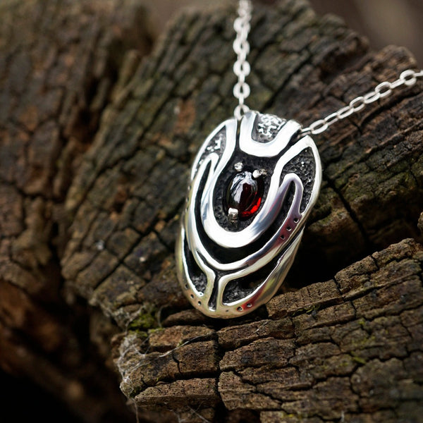 Garnet sterling silver pendant, birthstone jewelry Unique necklace, beetle pendant, cyberpunk pendant, futuristic pendant handmade jewelry by moonique