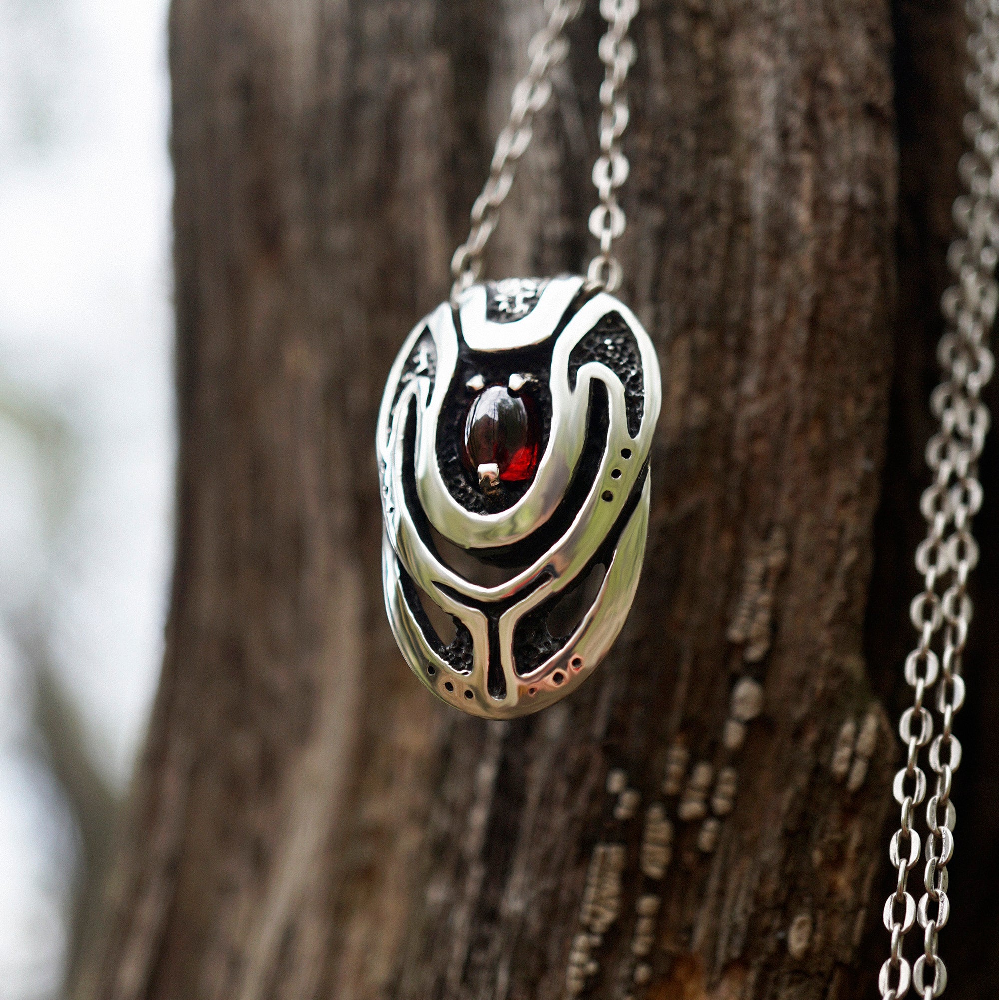 Garnet sterling silver pendant, birthstone jewelry Unique necklace, beetle pendant, cyberpunk pendant, futuristic pendant handmade jewelry by moonique