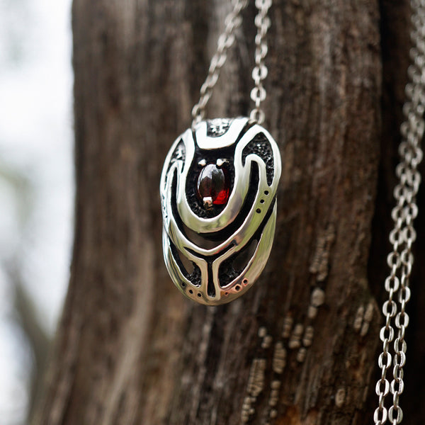 Garnet sterling silver pendant, birthstone jewelry Unique necklace, beetle pendant, cyberpunk pendant, futuristic pendant handmade jewelry by moonique