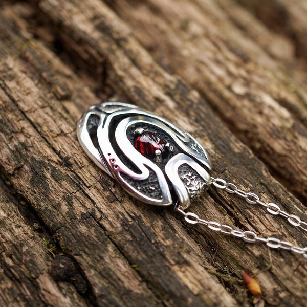 Garnet sterling silver pendant, birthstone jewelry Unique necklace, beetle pendant, cyberpunk pendant, futuristic pendant handmade jewelry by moonique