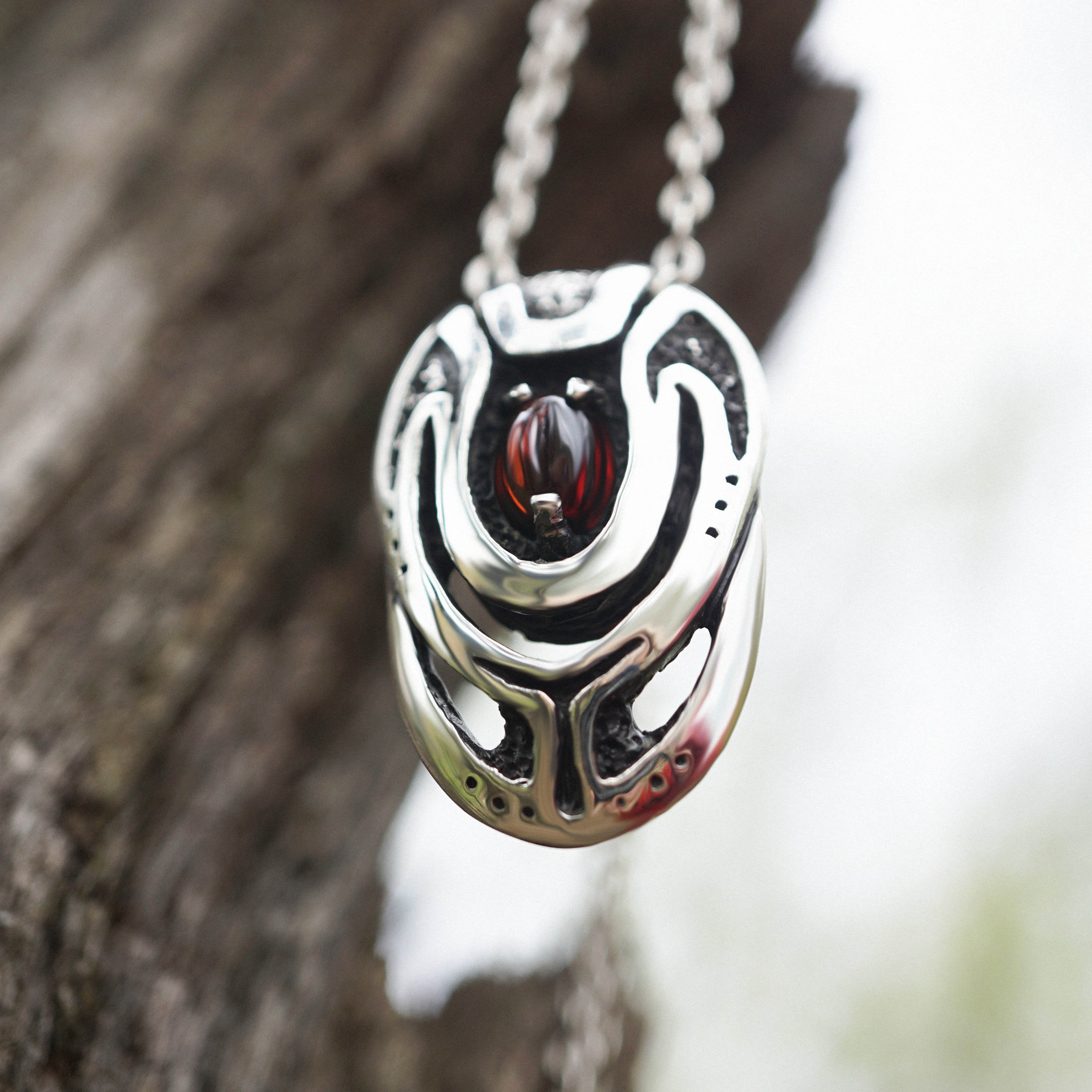 Garnet sterling silver pendant, birthstone jewelry Unique necklace, beetle pendant, cyberpunk pendant, futuristic pendant handmade jewelry by moonique