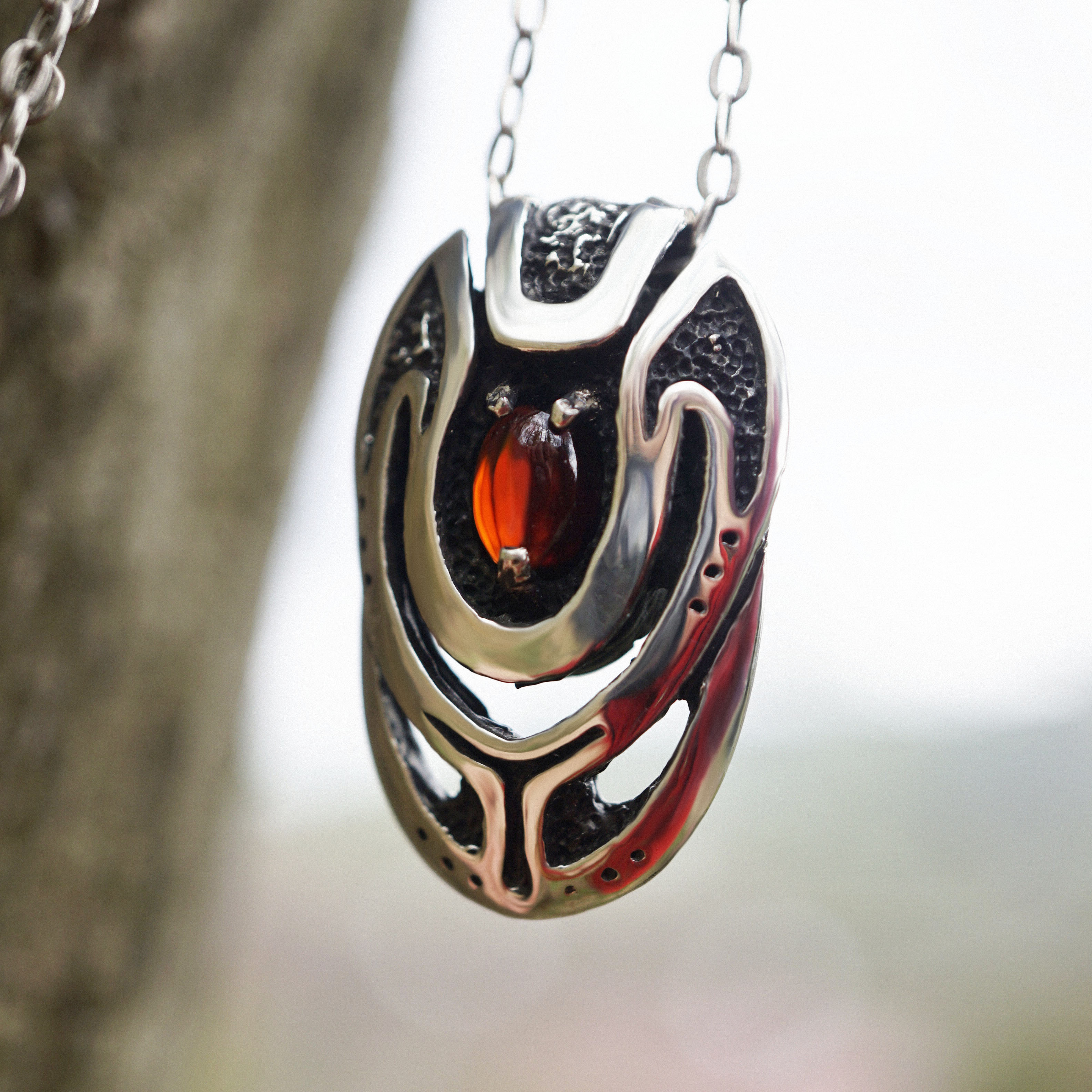 Garnet sterling silver pendant, birthstone jewelry Unique necklace, beetle pendant, cyberpunk pendant, futuristic pendant handmade jewelry by moonique