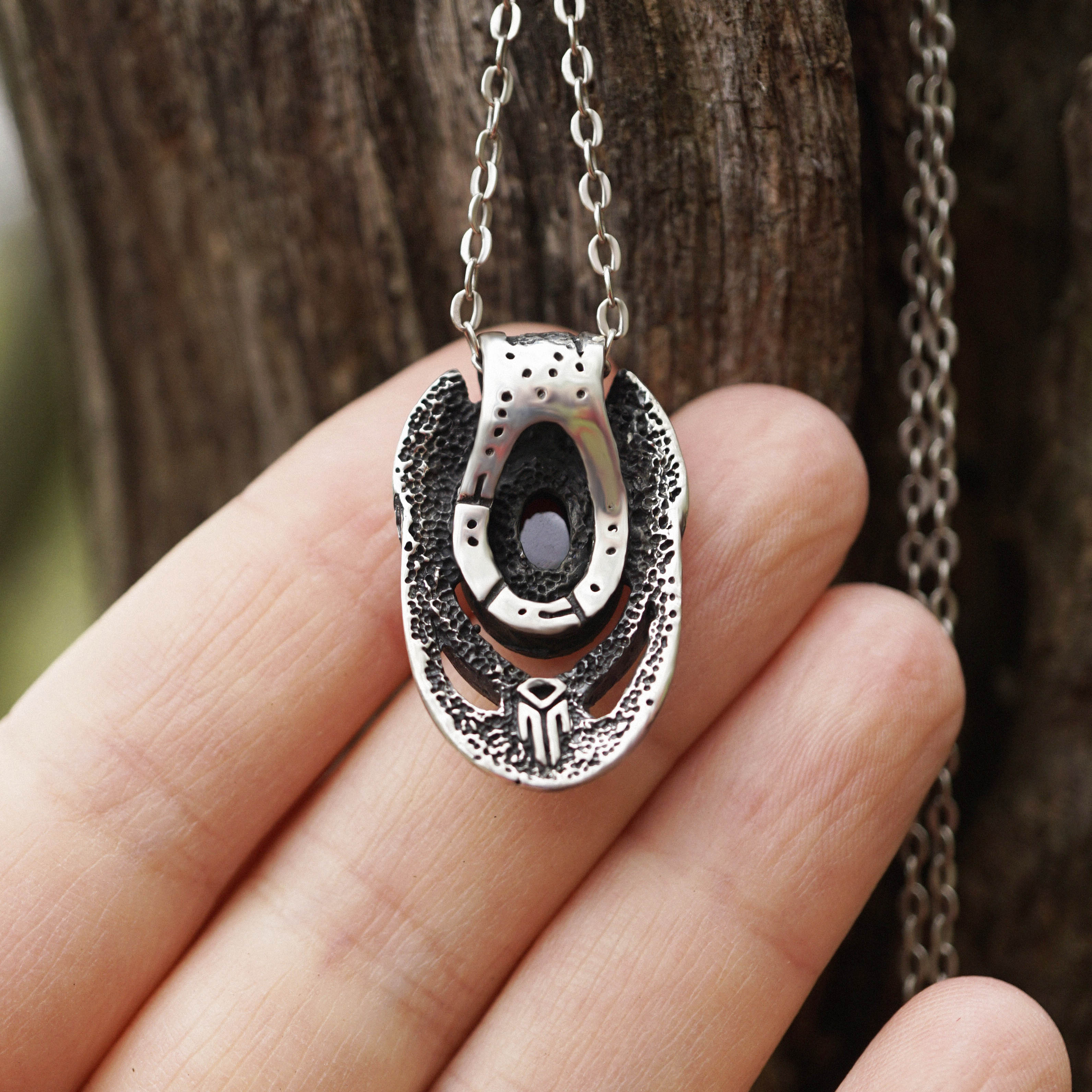 Garnet sterling silver pendant, birthstone jewelry Unique necklace, beetle pendant, cyberpunk pendant, futuristic pendant handmade jewelry by moonique