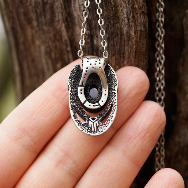 Garnet sterling silver pendant, birthstone jewelry Unique necklace, beetle pendant, cyberpunk pendant, futuristic pendant handmade jewelry by moonique