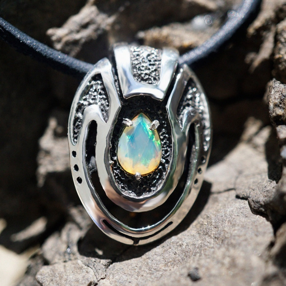Unique custom pendant made from high quality solid sterling silver and natural Ethiopian fire Opal. This Opal necklace is handmade in cyberpunk jewelry style.  October birthstone, Unique necklace called Beetle. Jewelry by moonique.