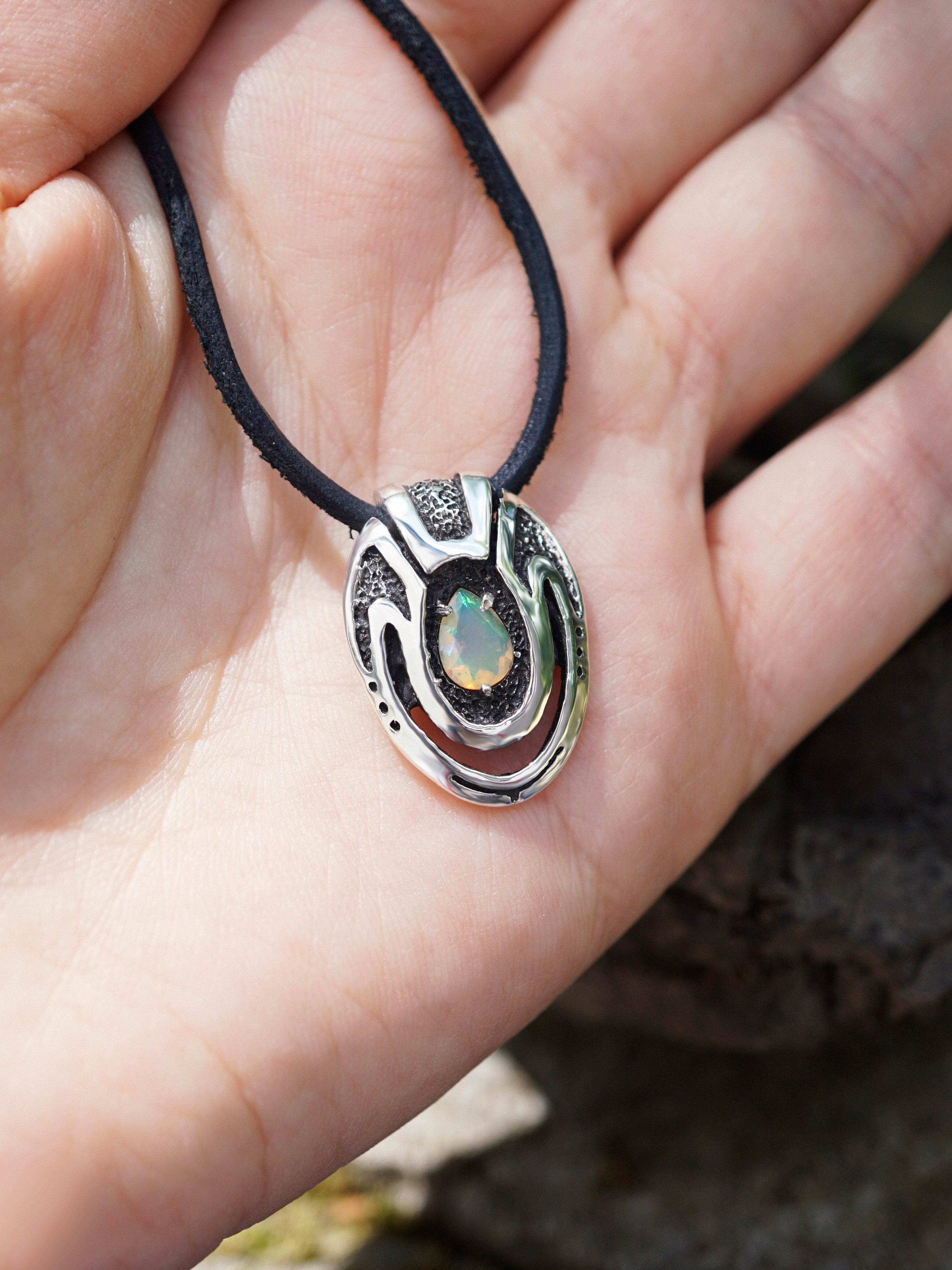 Unique custom pendant made from high quality solid sterling silver and natural adorable Ethiopian fire Opal with black cotton cord. This Opal necklace is handmade in cyberpunk jewelry style.  October birthstone, Unique necklace called Beetle. Jewelry by moonique.
