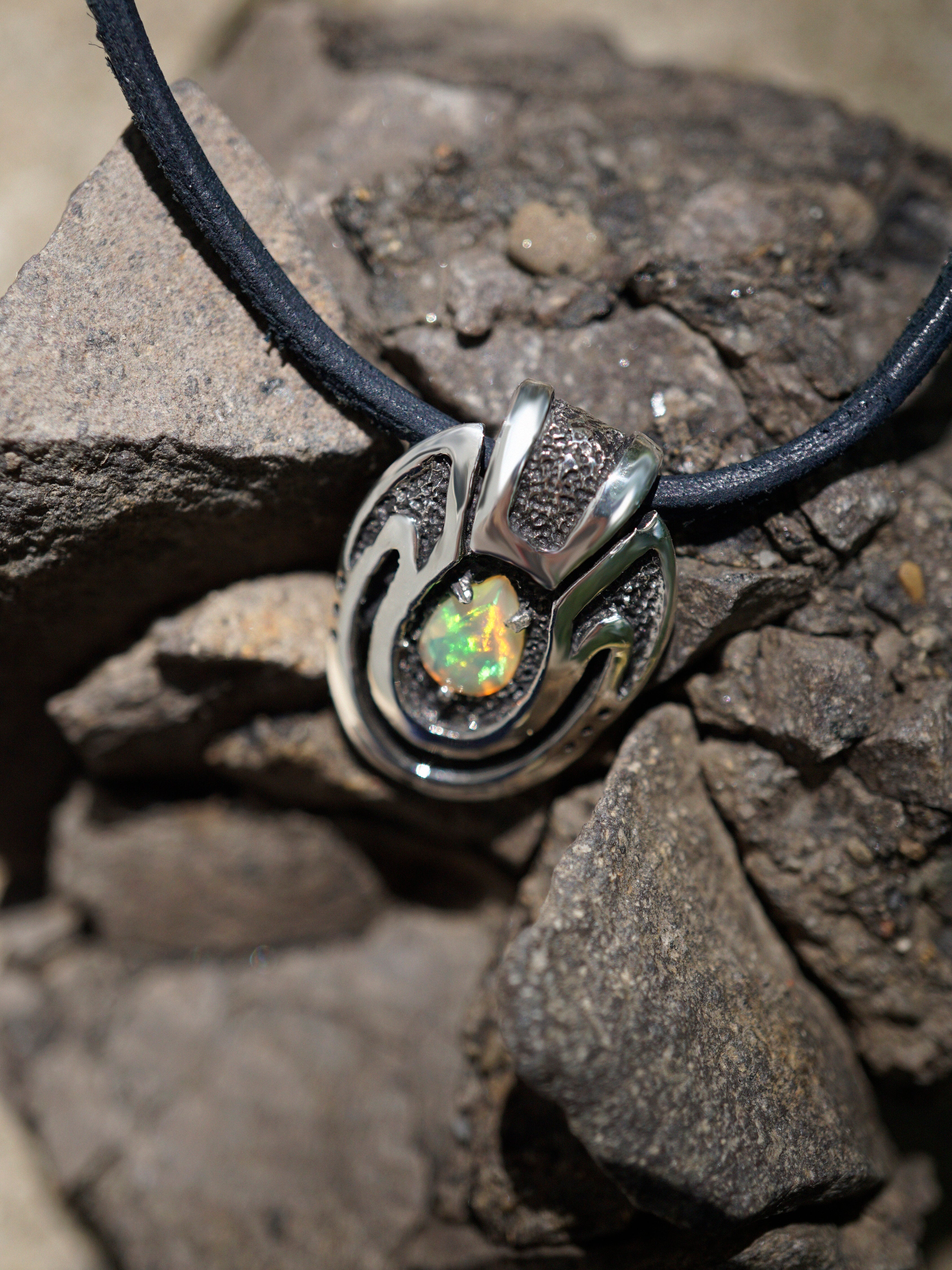 Unique custom pendant made from high quality solid sterling silver and natural adorable Ethiopian fire Opal with black cotton cord. This Opal necklace is handmade in cyberpunk jewelry style.  October birthstone, Unique necklace called Beetle. Jewelry by moonique.