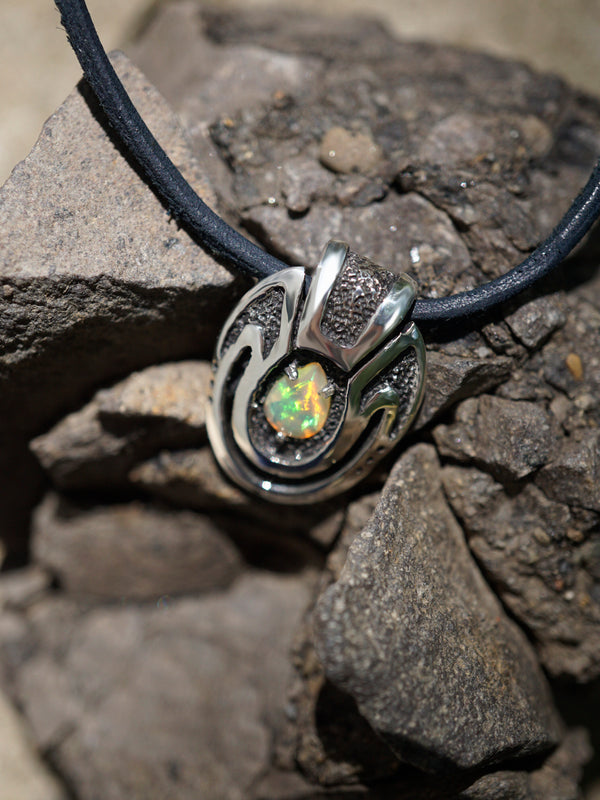 Unique custom pendant made from high quality solid sterling silver and natural adorable Ethiopian fire Opal with black cotton cord. This Opal necklace is handmade in cyberpunk jewelry style.  October birthstone, Unique necklace called Beetle. Jewelry by moonique.