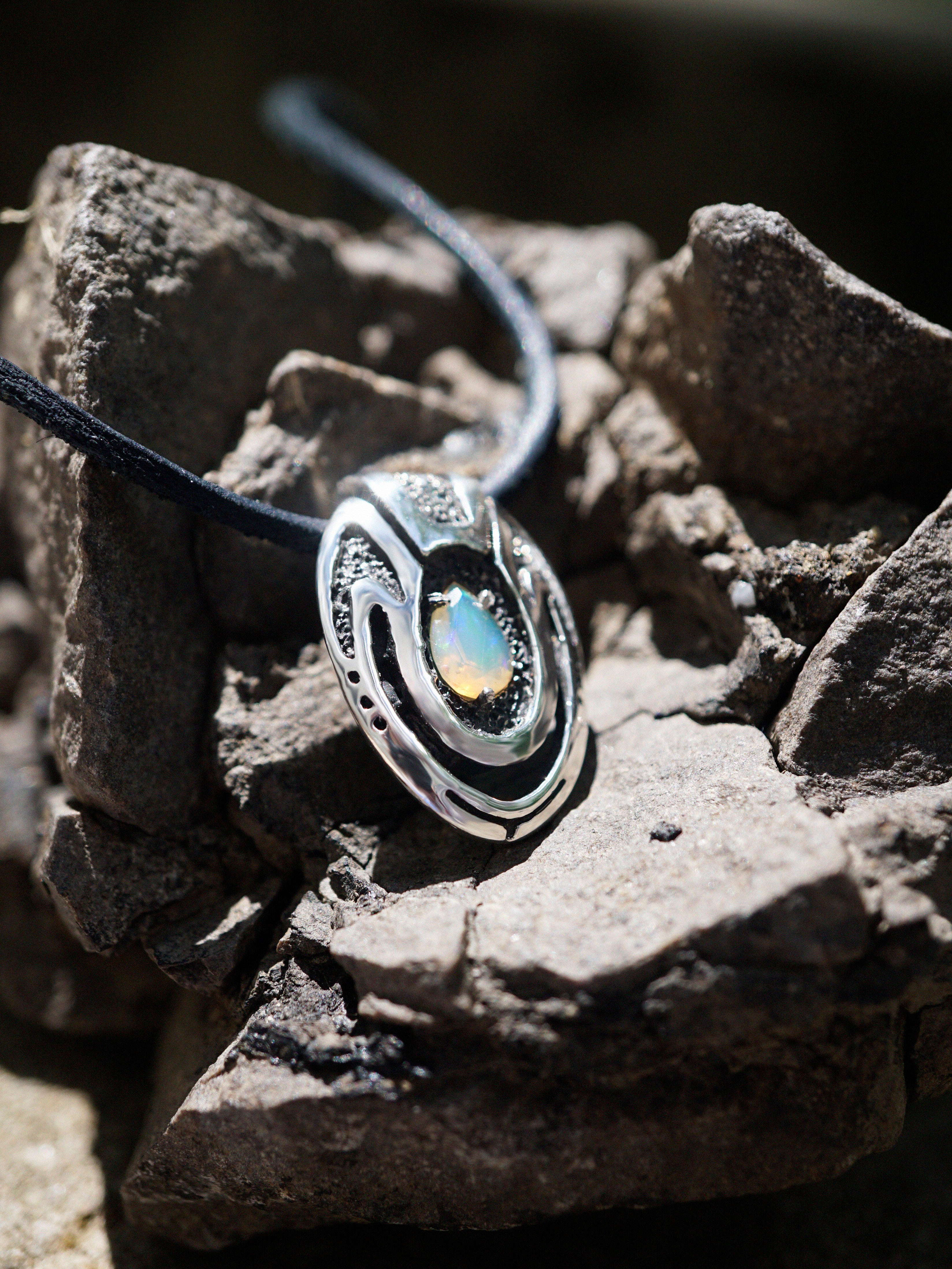 Unique custom pendant made from high quality solid sterling silver and natural Ethiopian fire Opal. This Opal necklace is handmade in cyberpunk jewelry style.  October birthstone, Unique necklace called Beetle. Jewelry by moonique.