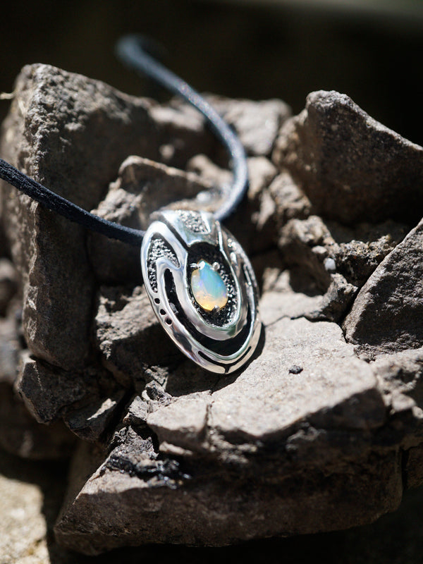 Unique custom pendant made from high quality solid sterling silver and natural Ethiopian fire Opal. This Opal necklace is handmade in cyberpunk jewelry style.  October birthstone, Unique necklace called Beetle. Jewelry by moonique.