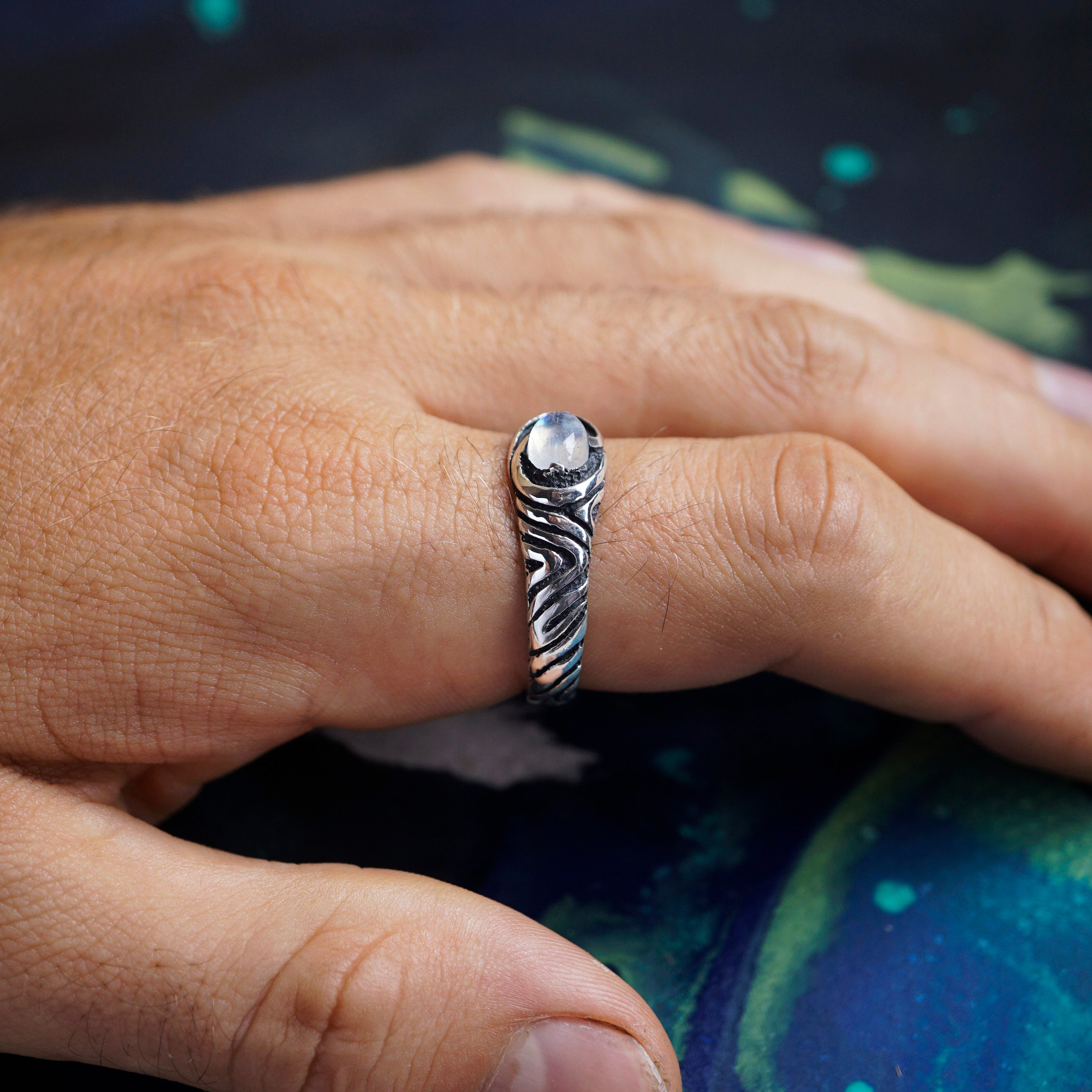 silver moonstone ring, mens moonstone ring, silver ring for men, mens sterling silver rings, stone ring for men - TORNADO