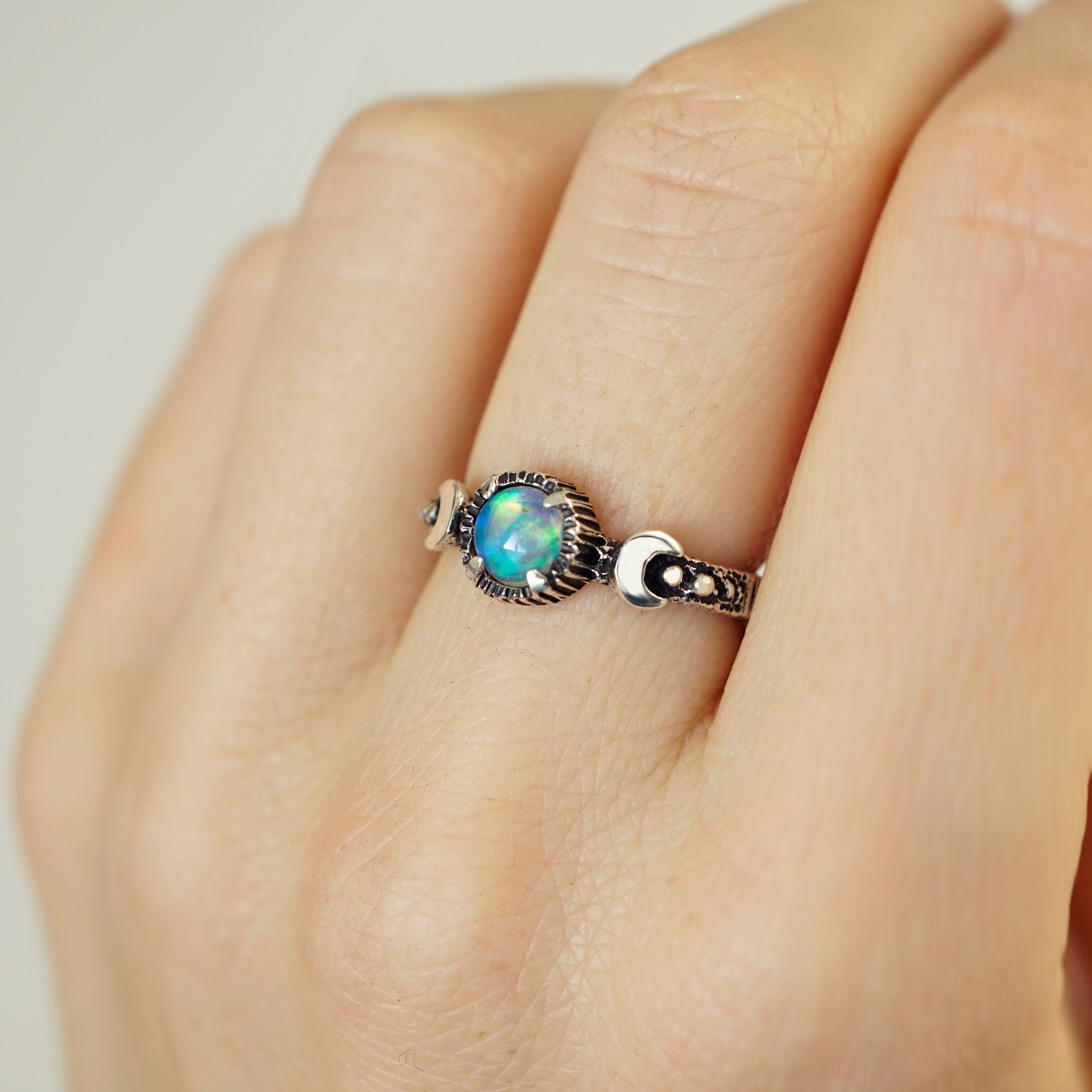 Opal engagement ring, Valentines Day gift, Moon Ring, Fire opal ring, Moon phases ring, Sun and moon ring, Triple Goddess ring 