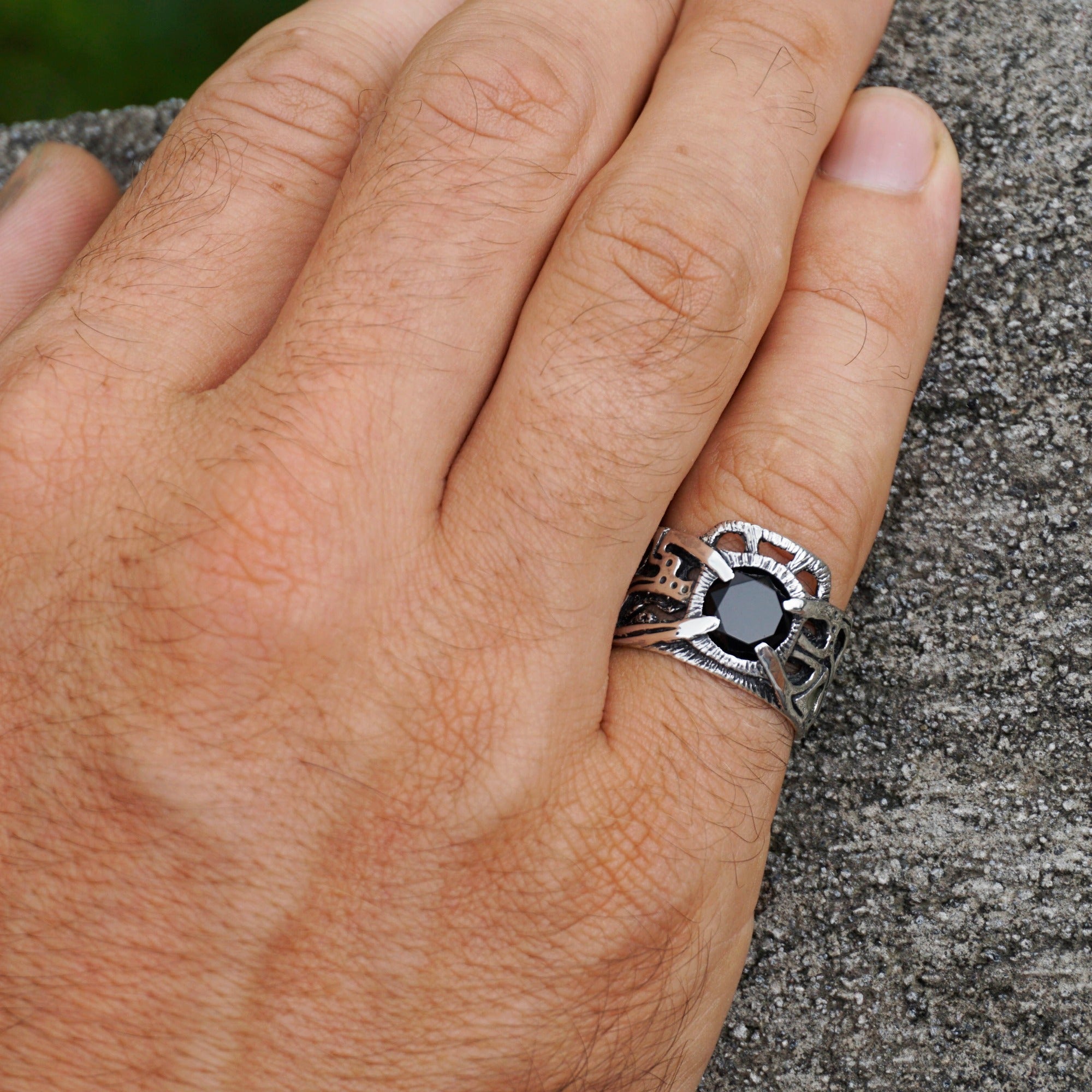 Mens Black stone ring Mens silver Onyx ring Pinky silver ring Sterling silver ring INTERFLOW cyberpunk jewelry