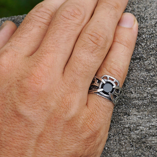 Mens Black stone ring Mens silver Onyx ring Pinky silver ring Sterling silver ring INTERFLOW cyberpunk jewelry