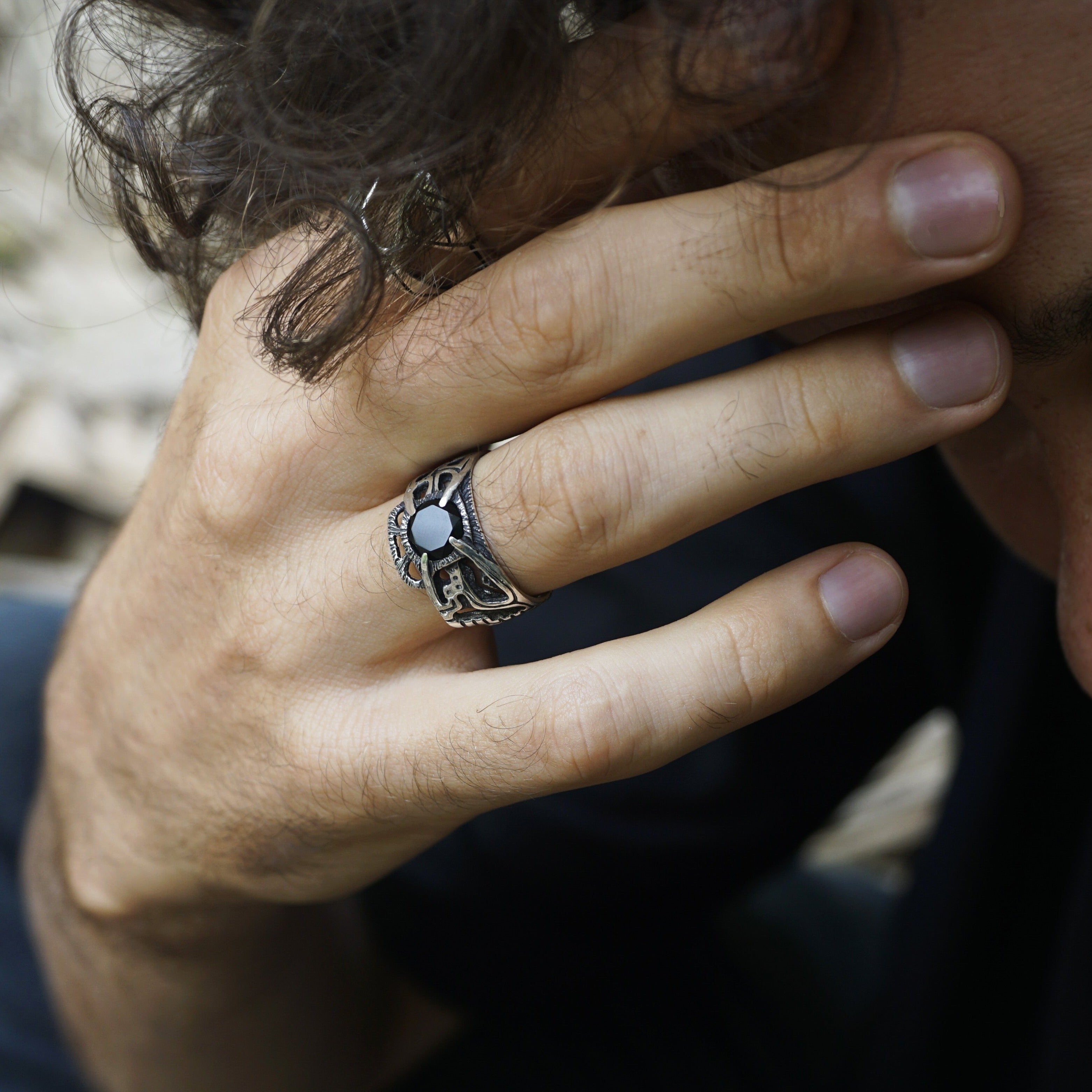 Mens Black stone ring Mens silver Onyx ring Pinky silver ring Sterling silver ring INTERFLOW