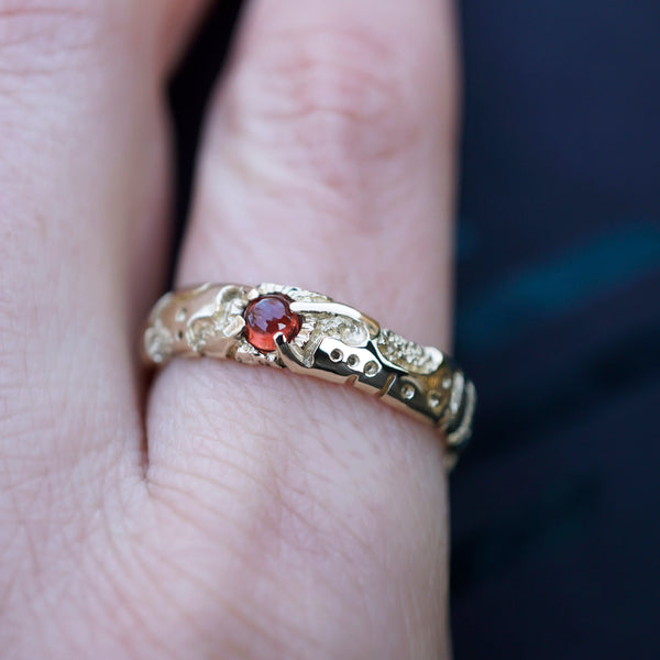 Mens engagement ring 14k gold band with Garnet or Rainbow Moonstone "UNIT"