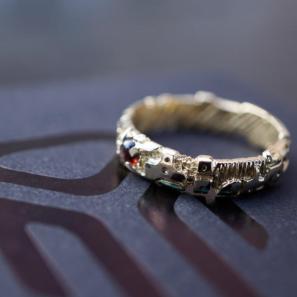 Mens engagement ring 14k gold band with Garnet or Rainbow Moonstone "UNIT"