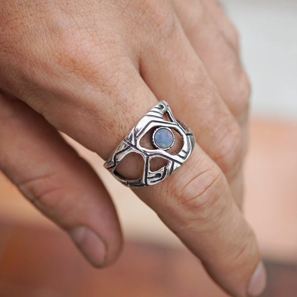 Mens silver Australian Opal ring, October birthstone - METEOR cyberpunk jewelry 