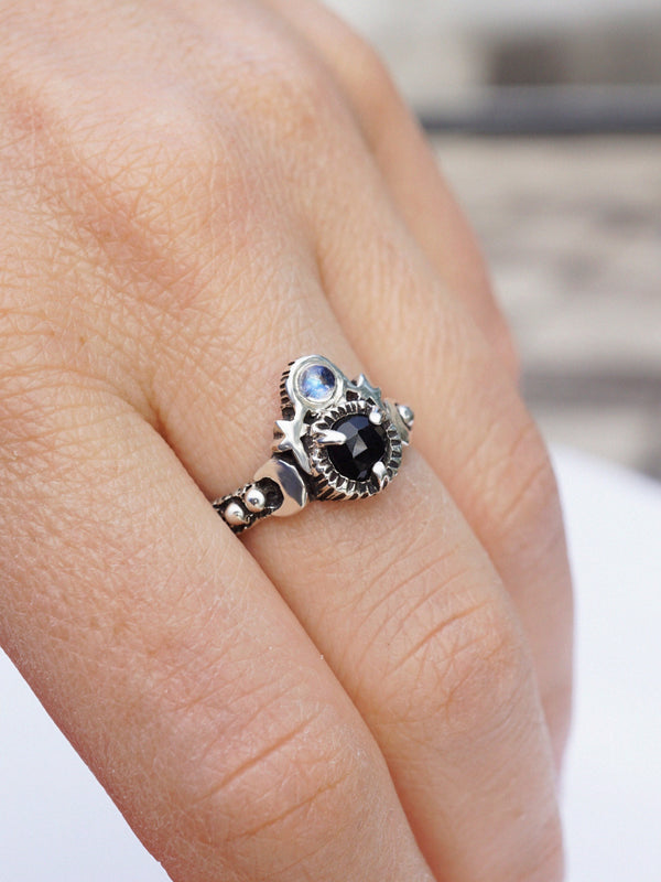 Moonstone and black onyx moon engagement ring from the sterling silver by moonique