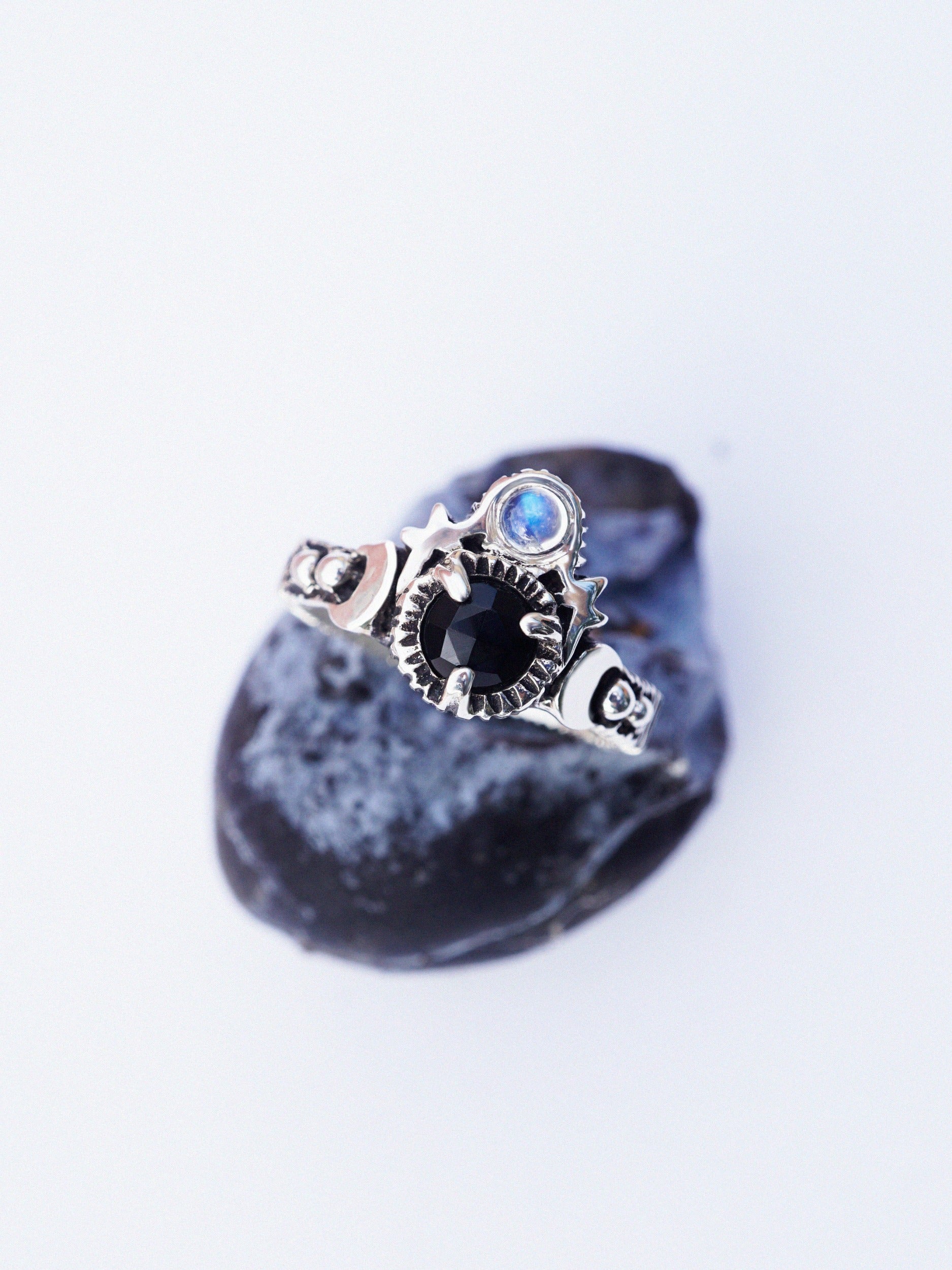 Moonstone and black onyx moon engagement ring from the sterling silver by moonique