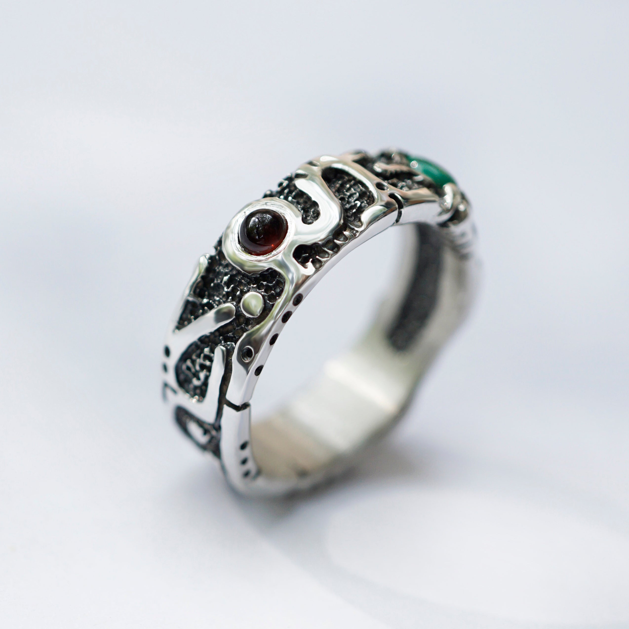 Garnet and Malachite mens silver band ring 