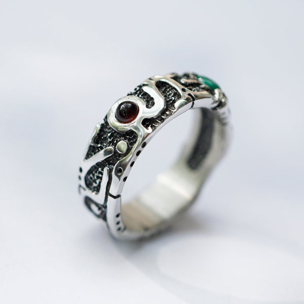 Garnet and Malachite mens silver band ring 