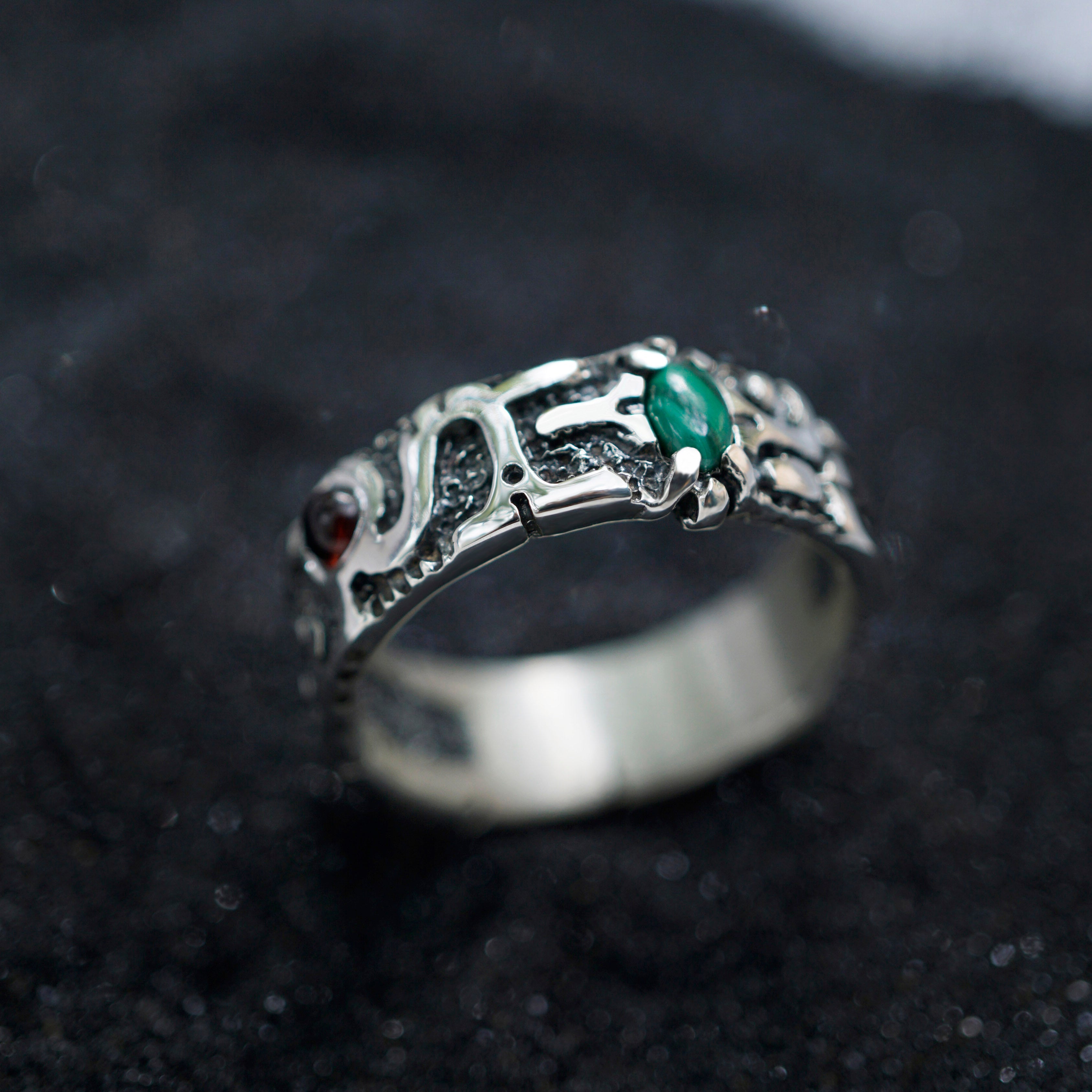 Garnet and Malachite mens silver band ring 
