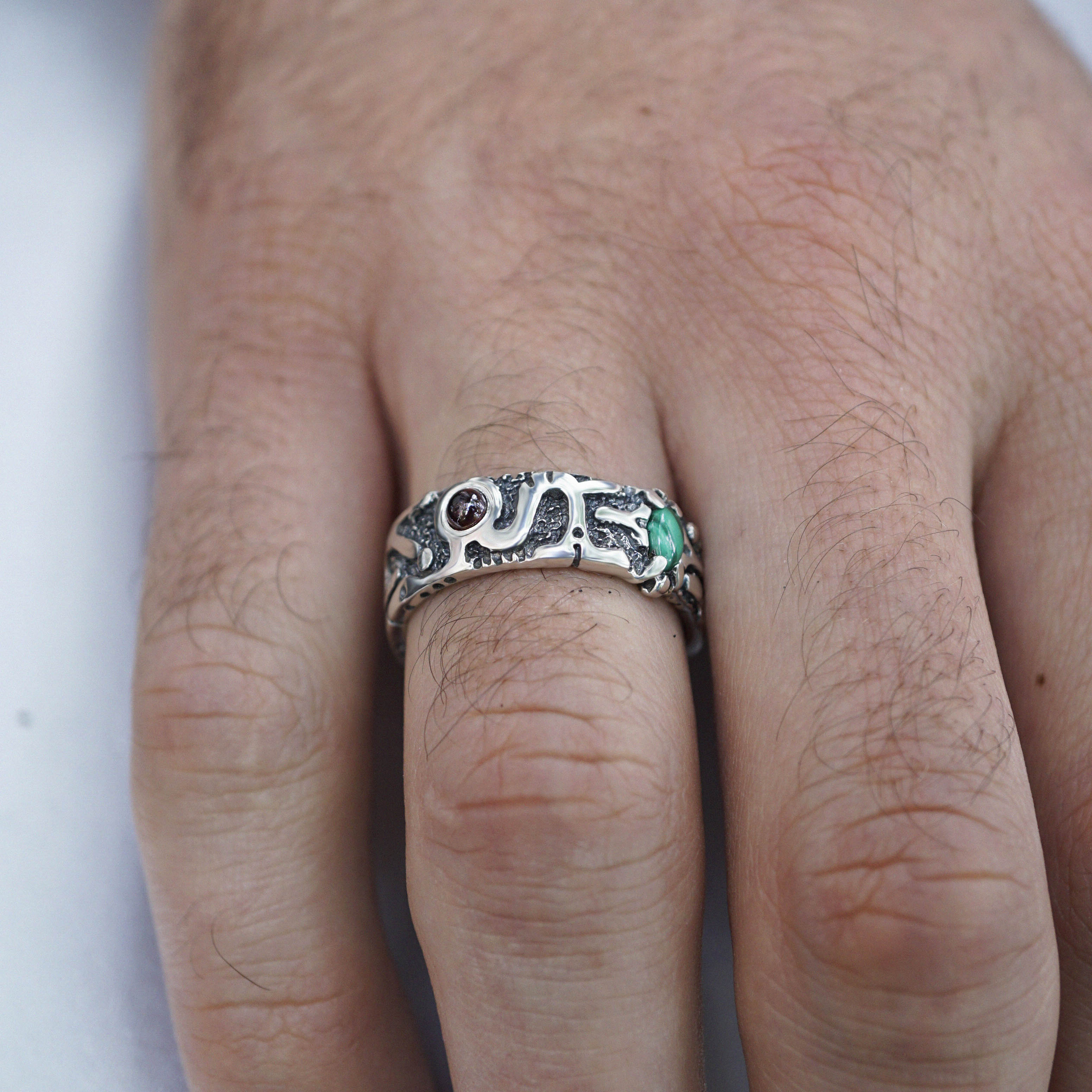 Garnet and Malachite mens silver band ring 