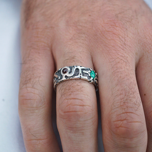 Garnet and Malachite mens silver band ring 