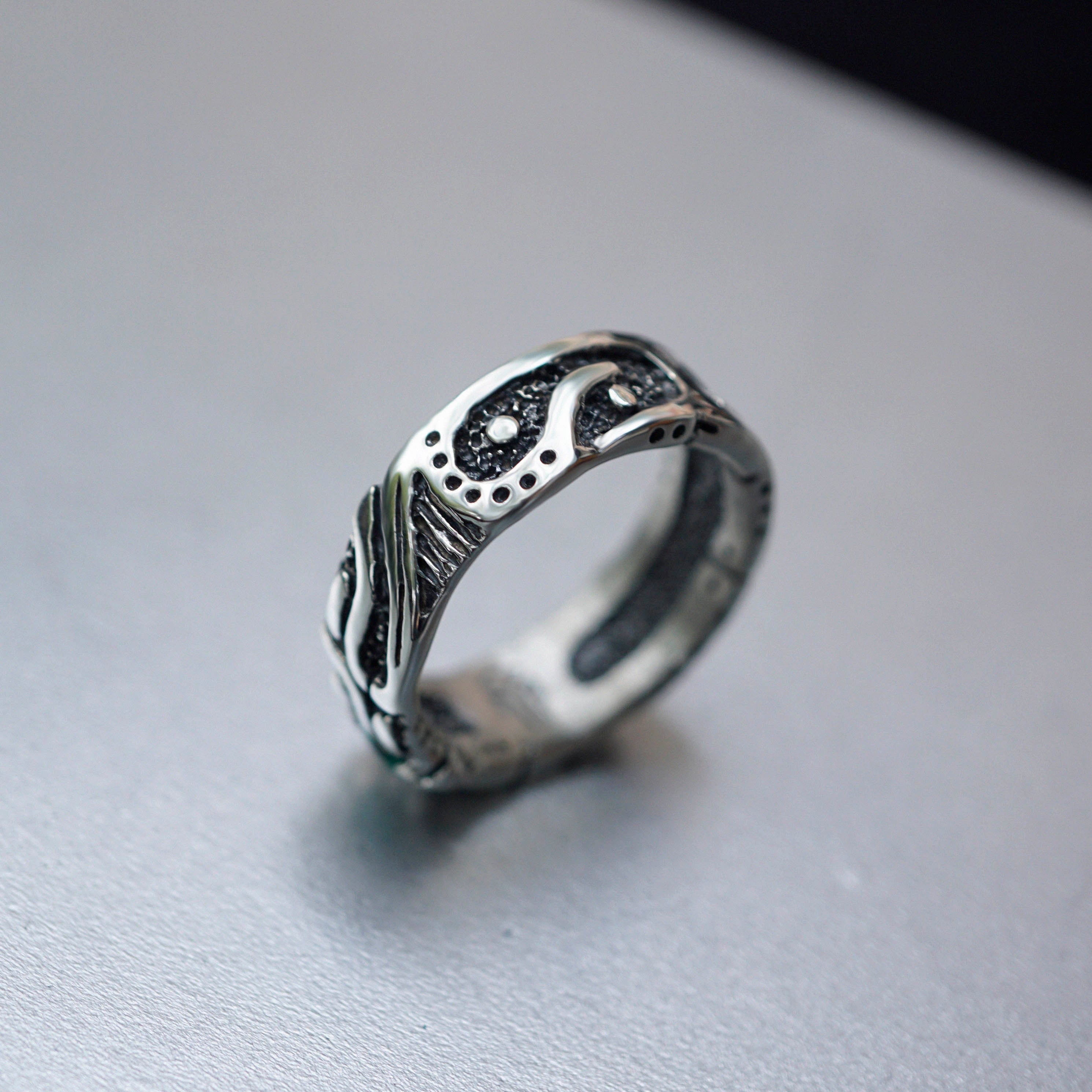 Garnet and Malachite mens silver band ring 