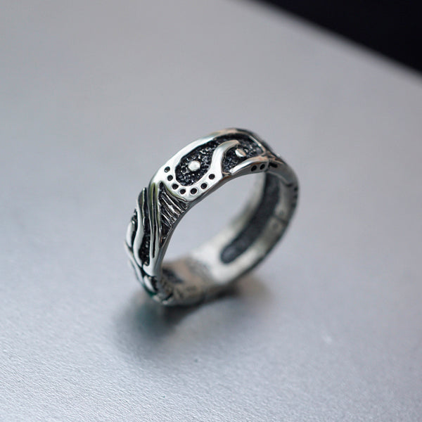 Garnet and Malachite mens silver band ring 