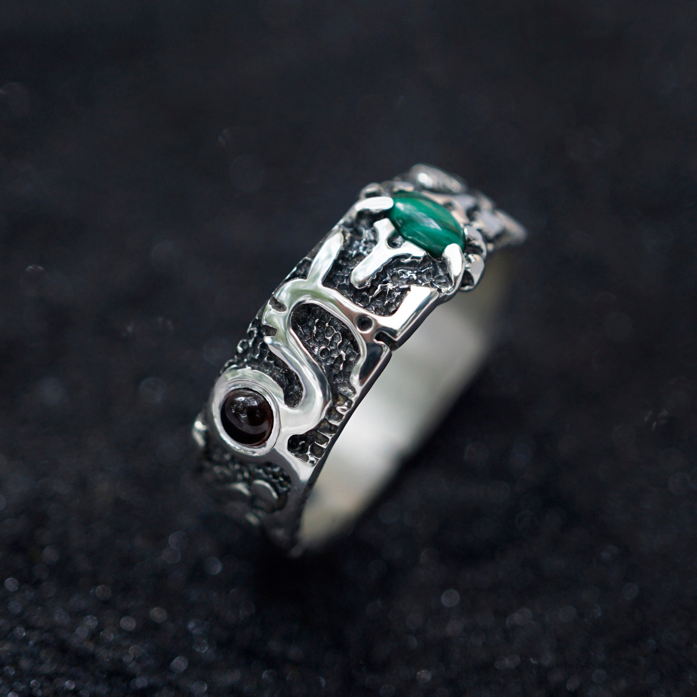 Garnet and Malachite mens silver band ring 