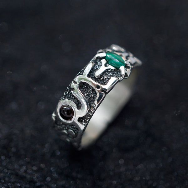 Garnet and Malachite mens silver band ring 
