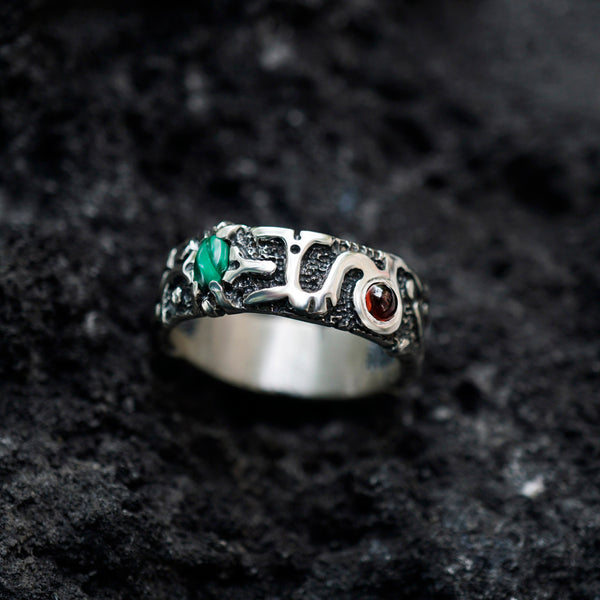 Garnet and Malachite mens silver band ring 