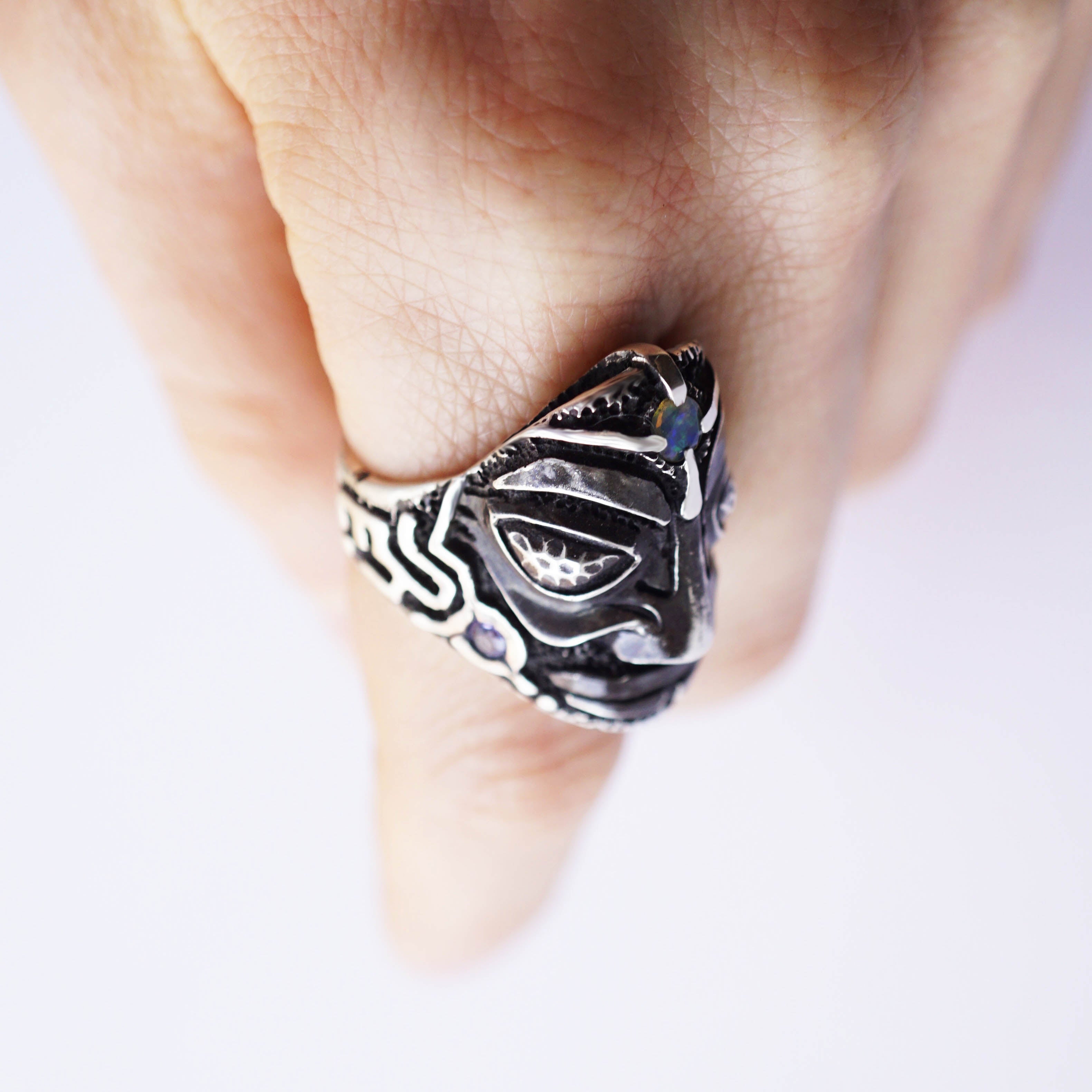 Mens Statement Face ring, sterling silver Opal and Tanzanite stones, Biker ring 