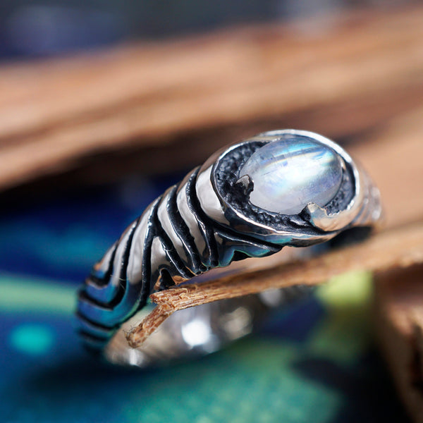 silver moonstone ring, mens moonstone ring, silver ring for men, mens sterling silver rings, stone ring for men - TORNADO