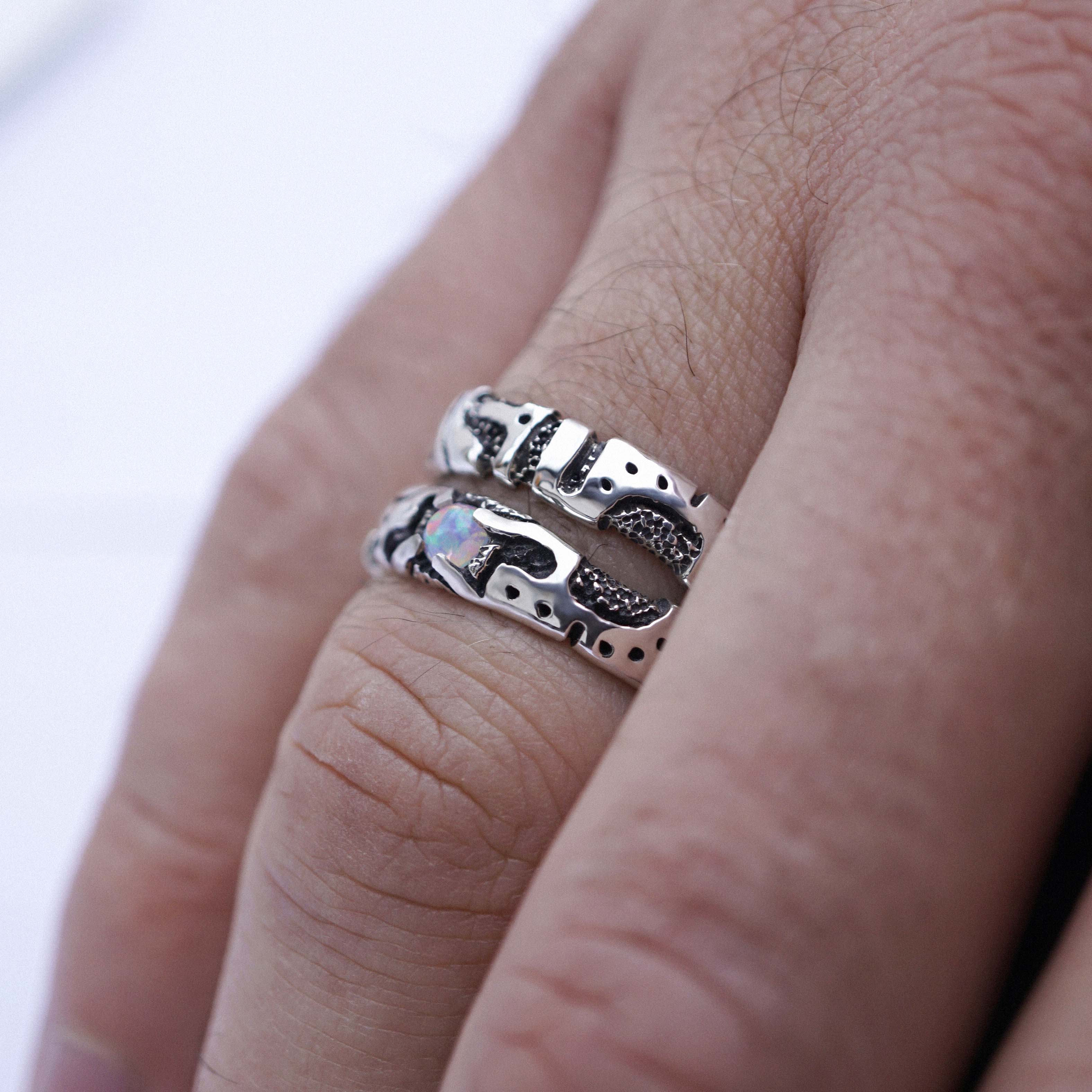 two solid sterling silver mens ring set , unique mens ring, cyberpunk jewelry, mens opal rig, handmade jewelry by moonique 