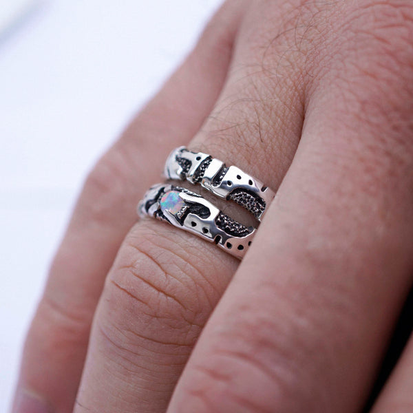 two solid sterling silver mens ring set , unique mens ring, cyberpunk jewelry, mens opal rig, handmade jewelry by moonique 