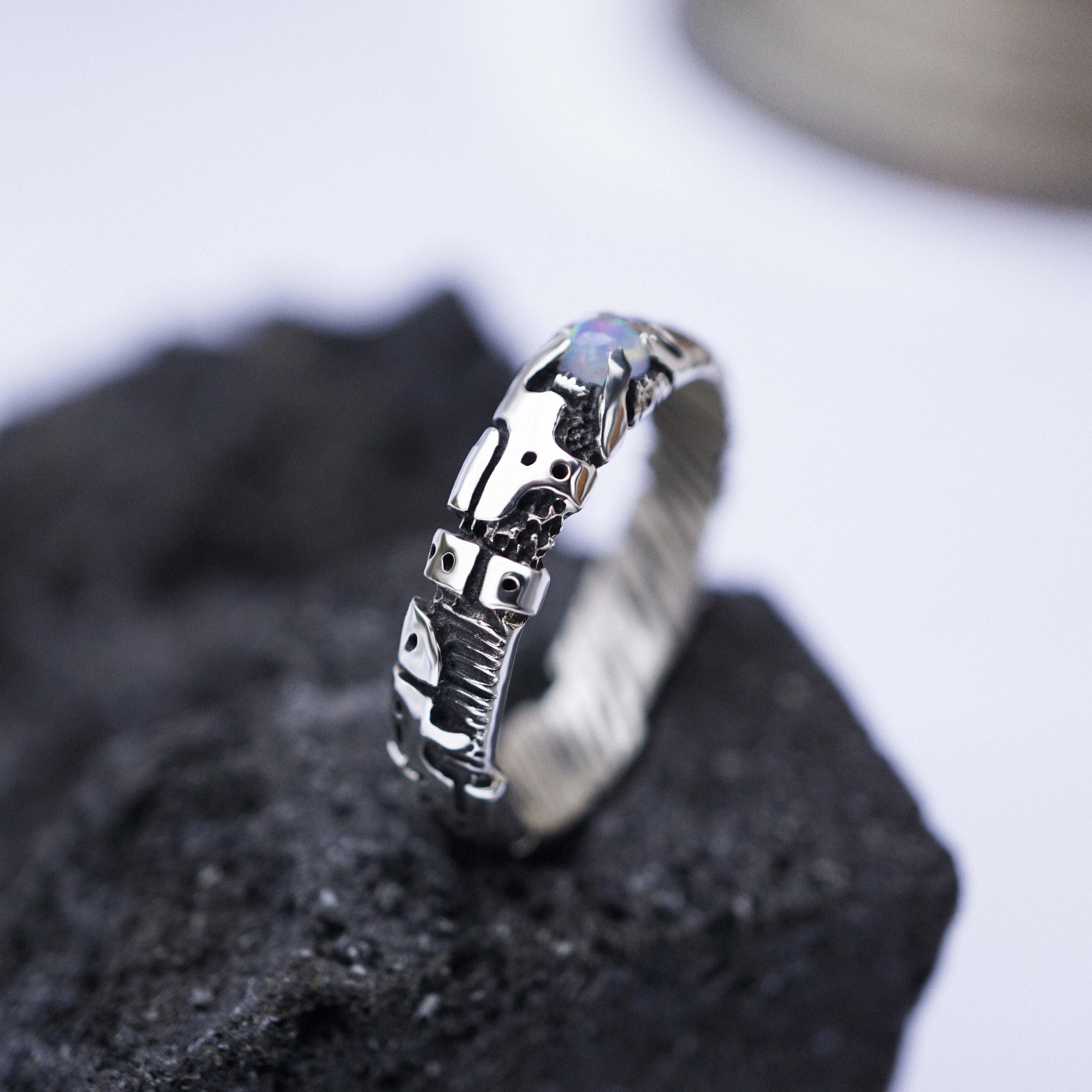 solid sterling silver mens ring , unique mens ring, cyberpunk jewelry, mens opal rig, handmade jewelry by moonique 