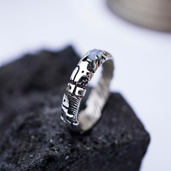 solid sterling silver mens ring , unique mens ring, cyberpunk jewelry, mens opal rig, handmade jewelry by moonique 