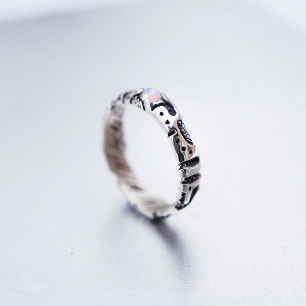 unit unique sterling silver mens ring, cyberpunk jewelry, ethiopian fire opal mens ring