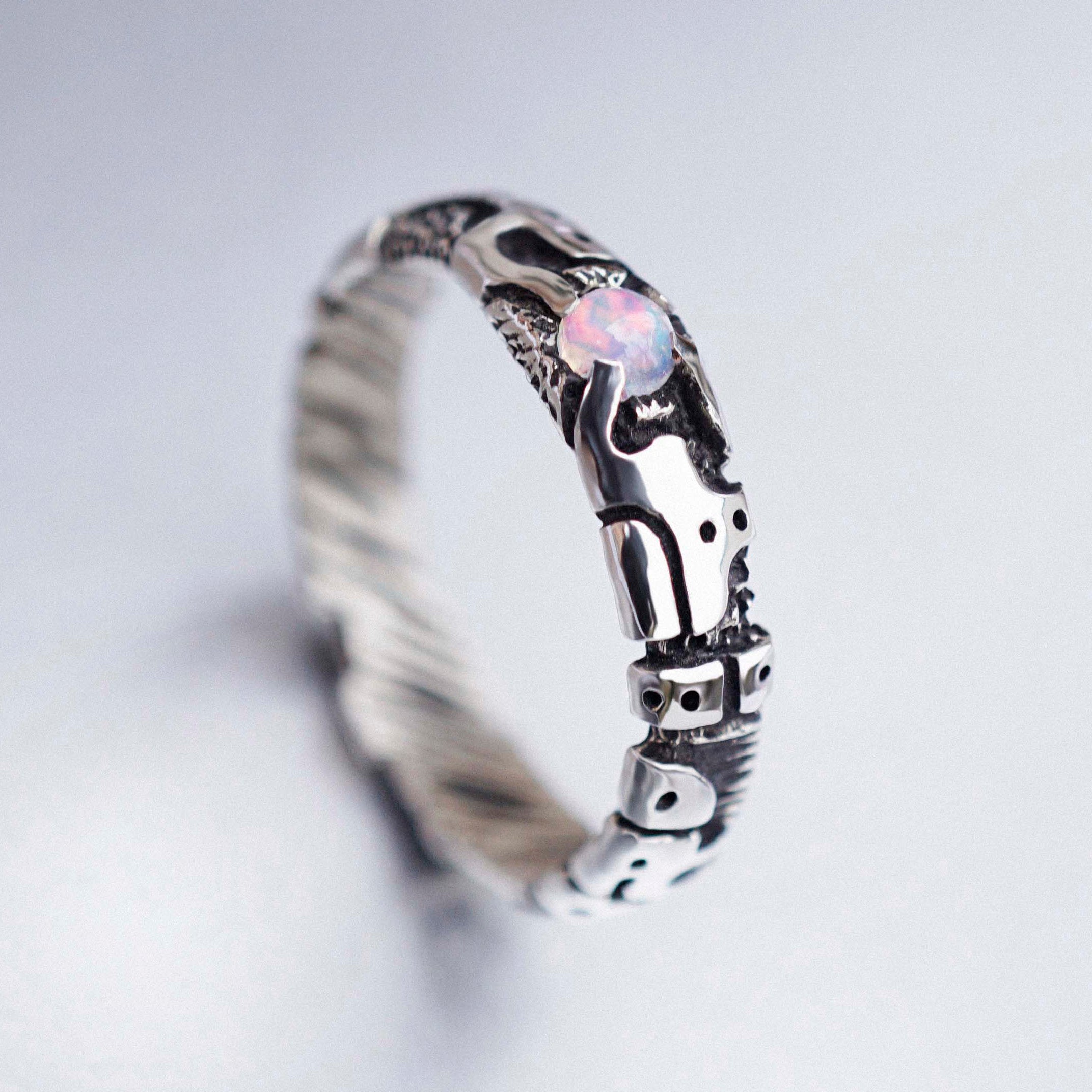mens sterling silver ring cyberpunk design natural ethiopian fire opal ring , handmade unique mens gemstone ring
