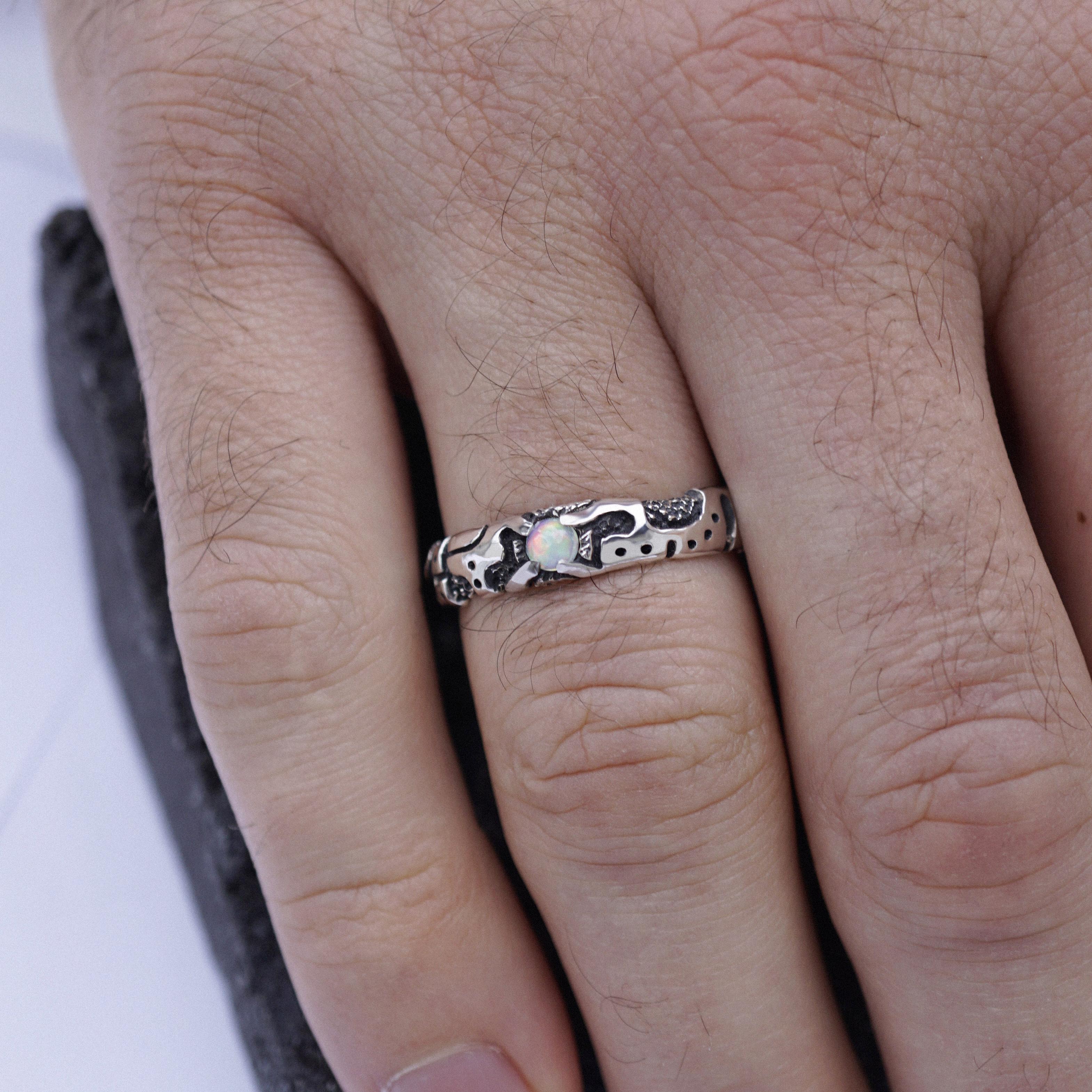 mens sterling silver ring cyberpunk design natural ethiopian fire opal ring , handmade unique mens gemstone ring