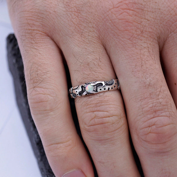 mens sterling silver ring cyberpunk design natural ethiopian fire opal ring , handmade unique mens gemstone ring