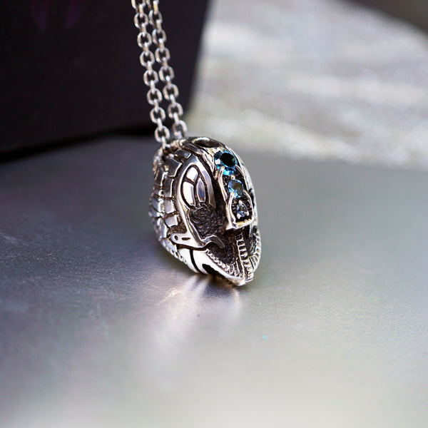 Mens unique statement pendant made from high quality solid oxidized sterling silver and natural London blue Topaz gemstone. This unique handmade pendant called Helmet. The form of the necklace is helmet of warrior. Custom high quality cyberpunk jewelry by moonique. 