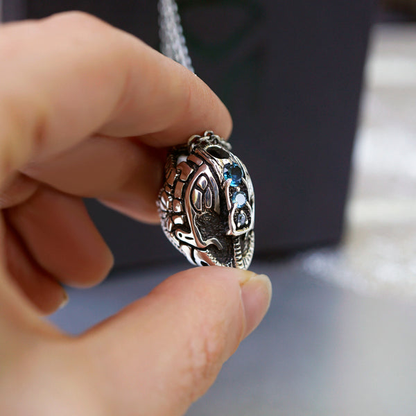 Mens unique statement pendant made from high quality solid oxidized sterling silver and natural London blue Topaz gemstone. This unique handmade pendant called Helmet. The form of the necklace is helmet of warrior. Custom high quality cyberpunk jewelry by moonique. 